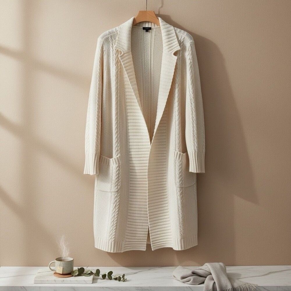 Talbots Petite XL Ivory Cable-Knit Open Front Cardigan Sweater w/ Pockets